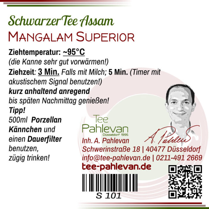 Schwarzer Tee Assam Mangalam Superior | 95°C Ziehzeit 3 bis 5 Minuten kurz anhaltend anregend von Tee Pahlevan