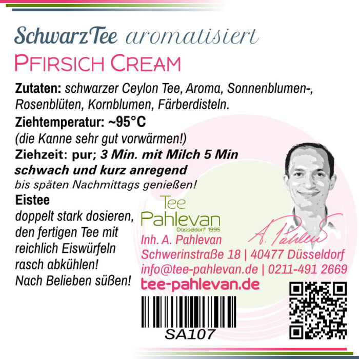 Schwarzer Tee Pfirsich Cream | Pfirsich Eistee mit Frucht Aroma 95°C, Ziehzeit 3 Minuten schwach anregend von Tee Pahlevan
